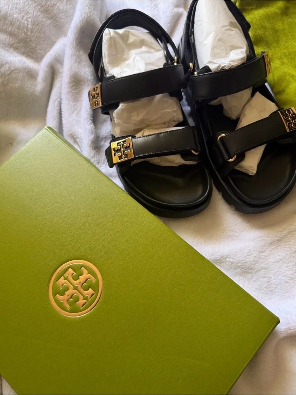 Never worn Tory Burch Black Leather Sandals with Gold Logo Hardware